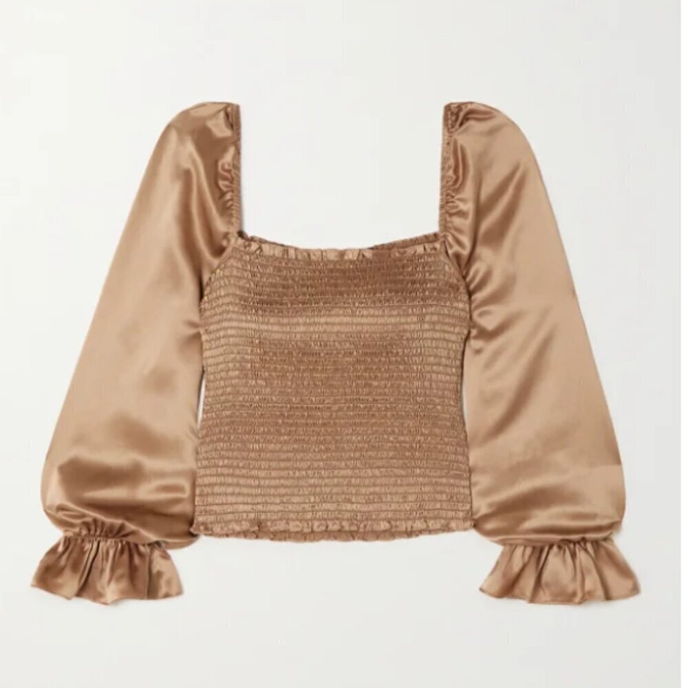 Marc New York Andrew Marc Smocked Satin Blouse, Size Medium NWT